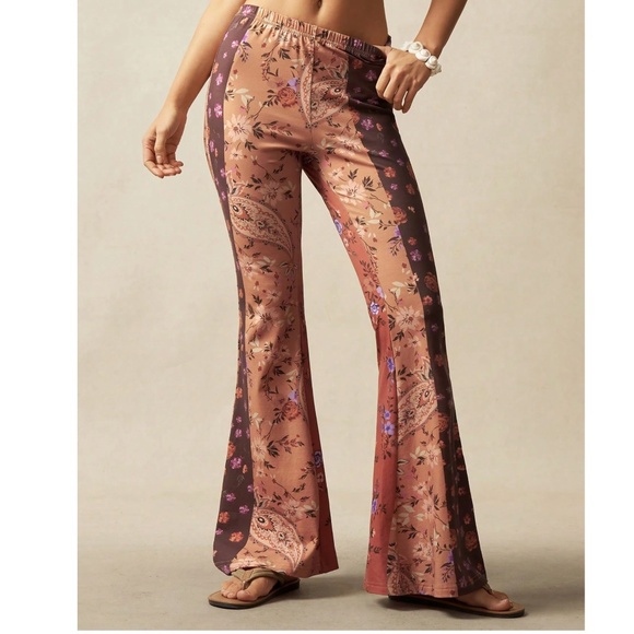 Boho Floral Print Stretchy Waist Color Block Bell Bottom Pants - Picture 1 of 6